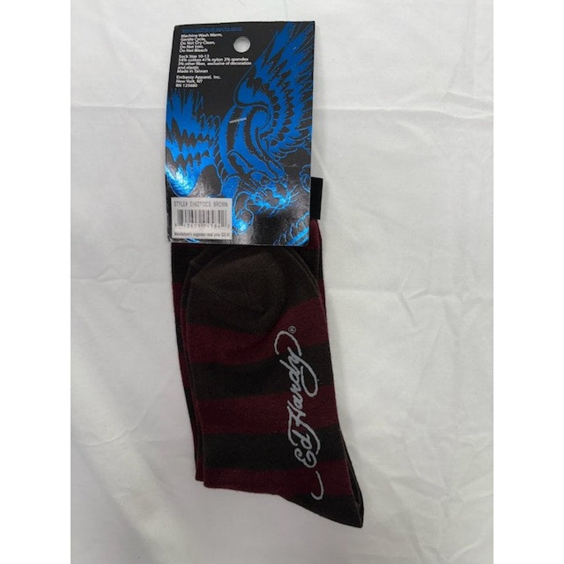Ed Hardy Devil Tattoo Graphic Mid Calf Socks Striped Brown/Burgundy Adult OS