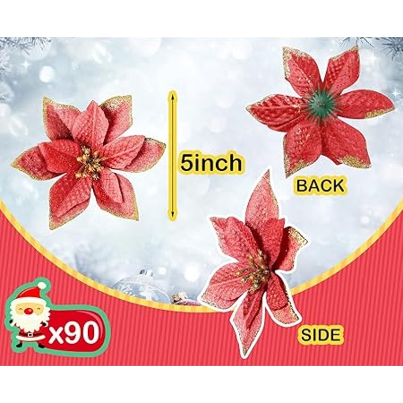 NEW 90 Pcs Christmas Glitter Poinsettia Flowers Decoration Ornaments 5 Inch Red