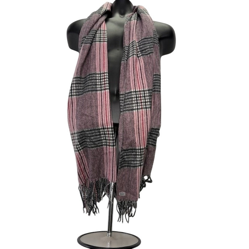 Classic Plaid Fringe Tassel Scarf Shawl Soft Woven Wrap Pink Gray One Size