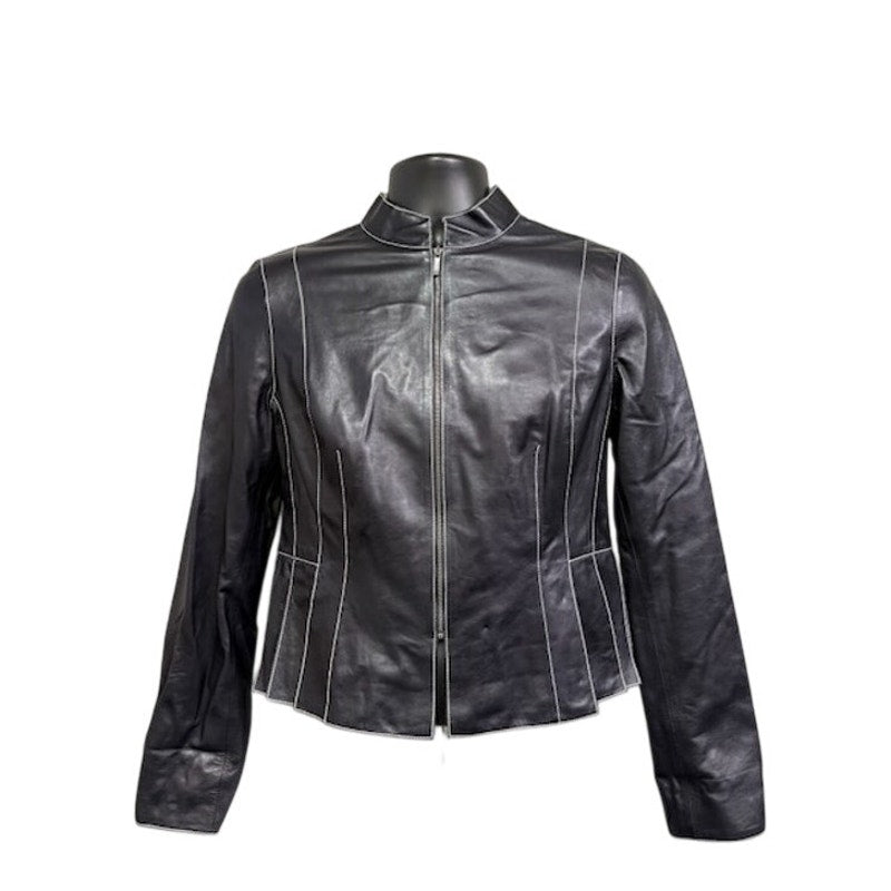 Carlisle Pleated Leather Jacket Zipper-Up High Neck Black Womens Size 8