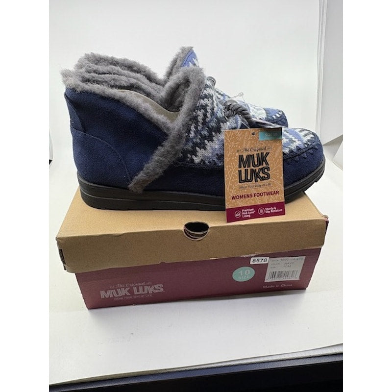 Muk Luks Ziggy Wilshire Winter Booties Slip-On Navy White Womens Size 10