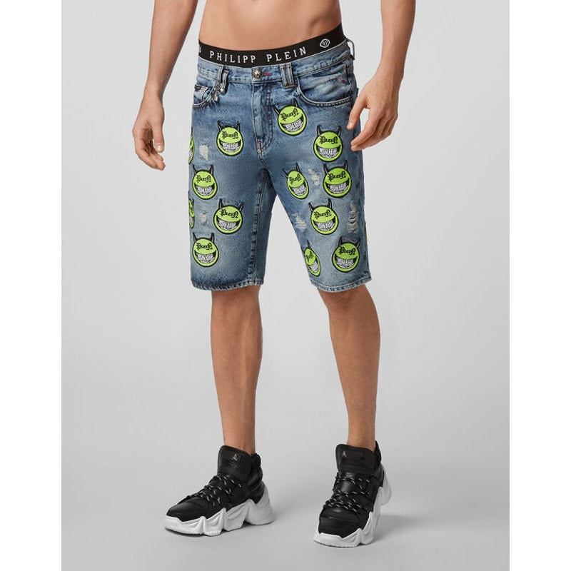 Philipp Plein Evil Smile Bermuda Shorts Denim Light Wash Blue Juniors Size 16