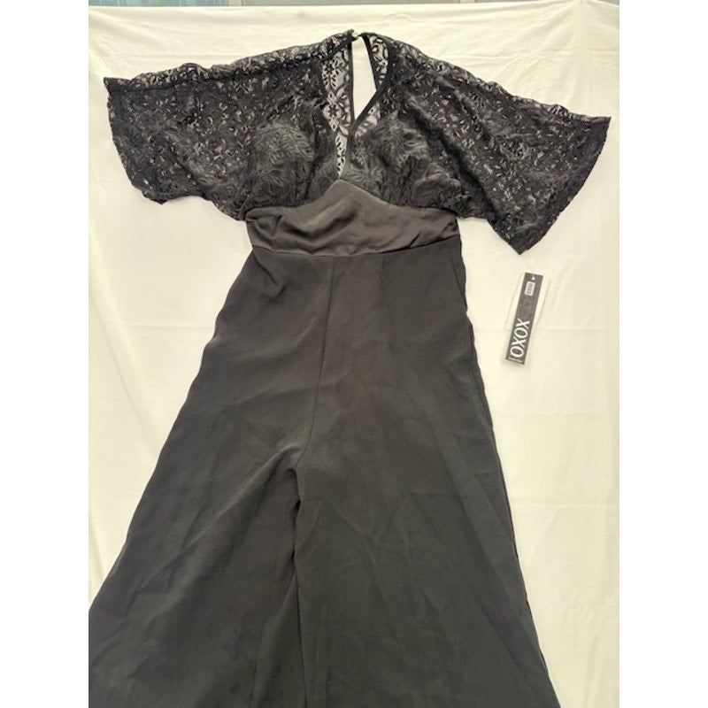 XOXO Lace V-Neck Jumpsuit Short Sleeve Wide Leg Formal Black Womens Size XS