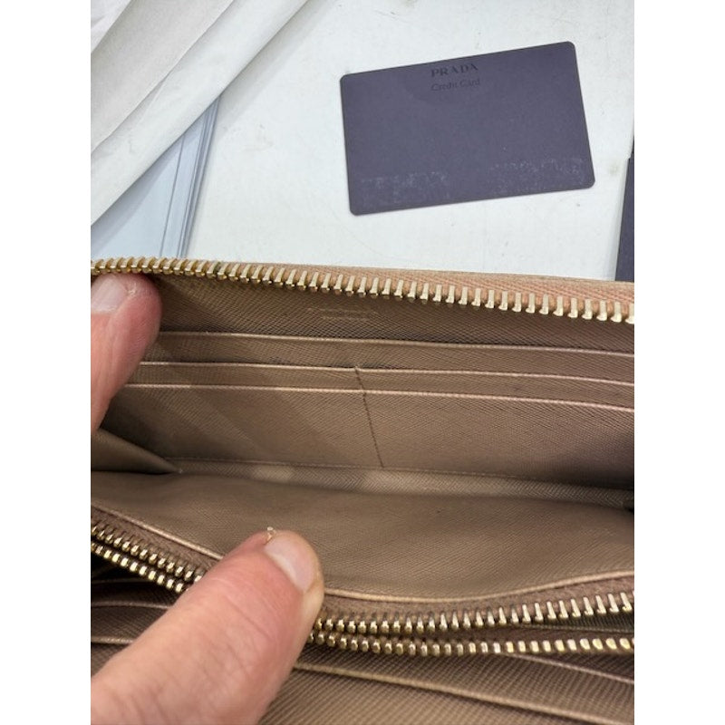 Authentic PRADA Saffiano Fiocco Bow Zip Around Wallet Leather Beige Womens COA