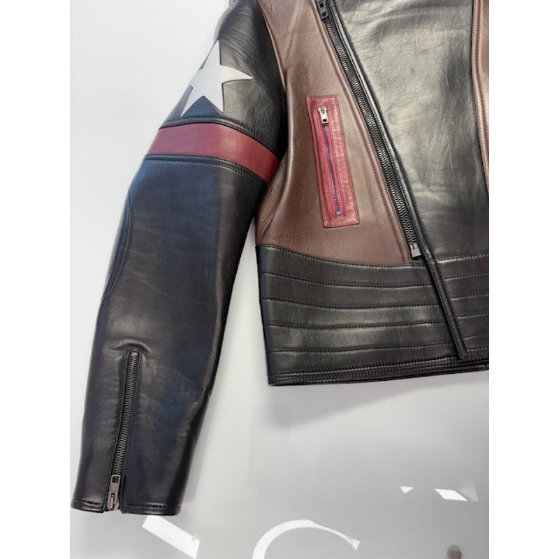 GIVENCHY Star Patch Leather Moto Biker Captain America Jacket Black Mens 48