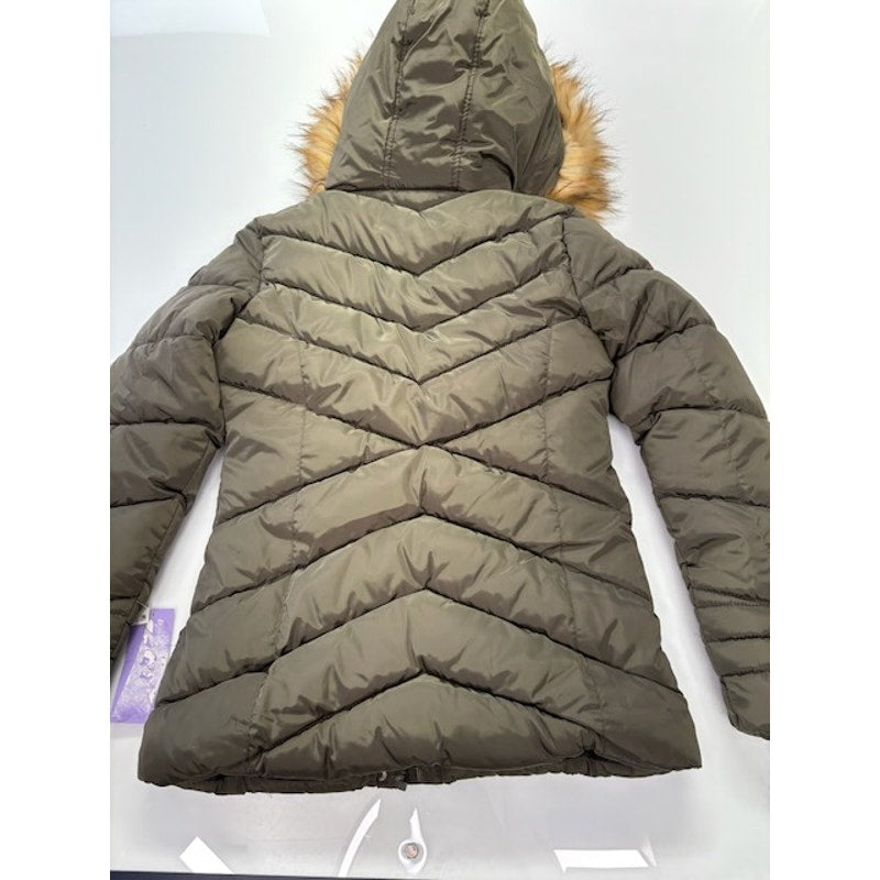 Madden Girl Hooded Faux-Fur-Trim Puffer Coat Zip-Up Olive Juniors Size XS