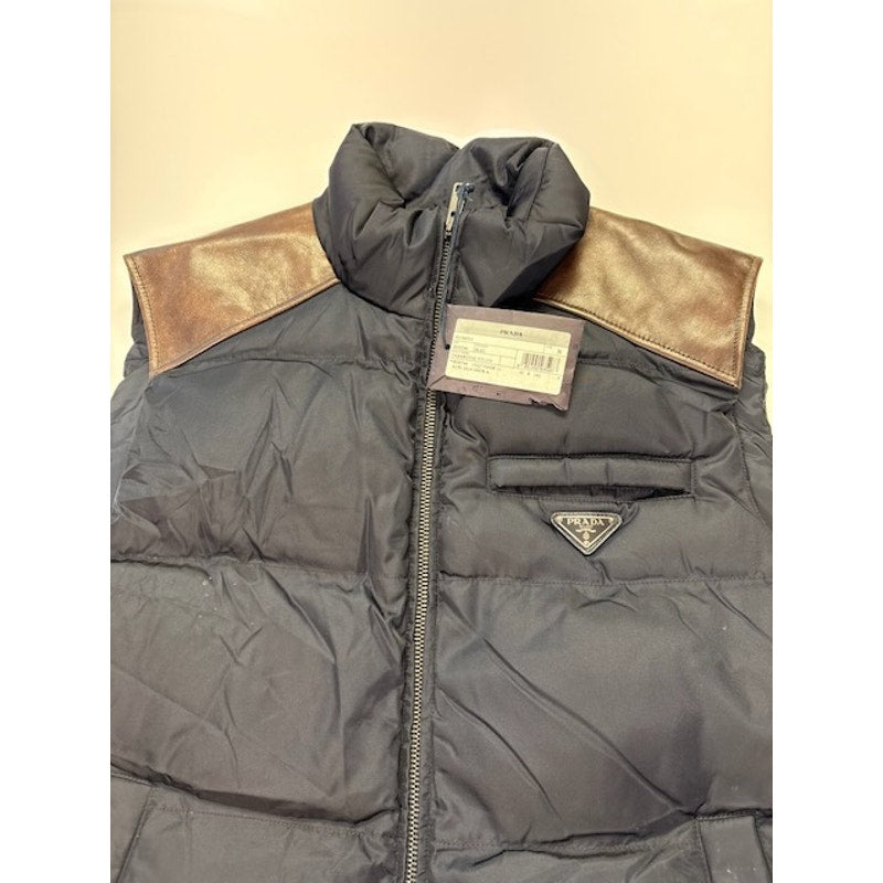 Prada Piumino Down Puffer Vest Zip-Up Gabardine Nylon Blue/Gold Mens Size 56