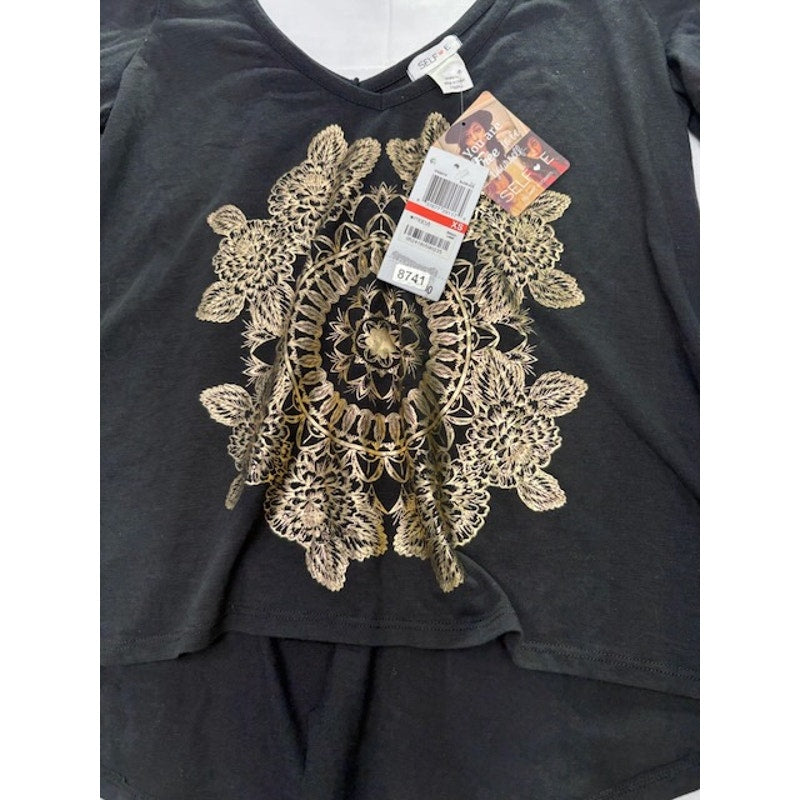 Self Esteem Cold Shoulder Top Gold Mandala Graphic V-Neck Black Womens Sz XS