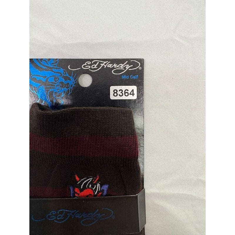 Ed Hardy Devil Tattoo Graphic Mid Calf Socks Striped Brown/Burgundy Adult OS