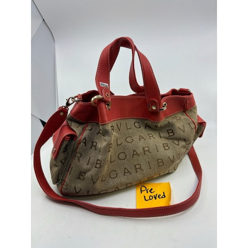 BVLGARI Canvas Leather Logo Mania Satchel Shoulder Bag Detachable Strap Brown