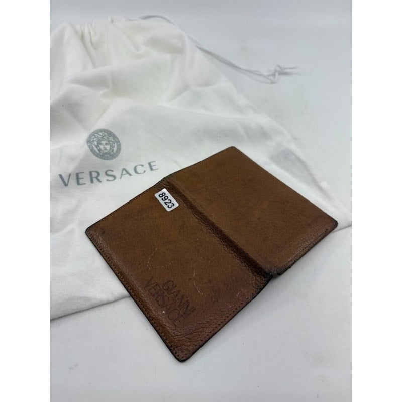 Gianni Versace Leather Card Holder Wallet Slim Bifold Embossed Logo Brown Unisex
