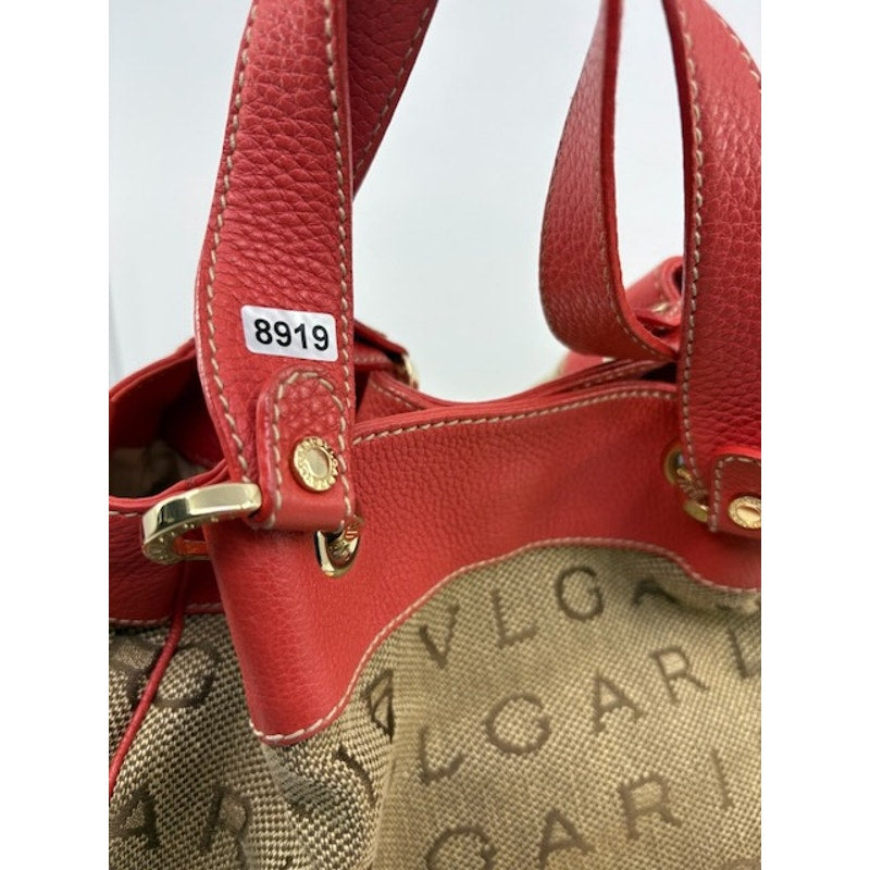 BVLGARI Canvas Leather Logo Mania Satchel Shoulder Bag Detachable Strap Brown