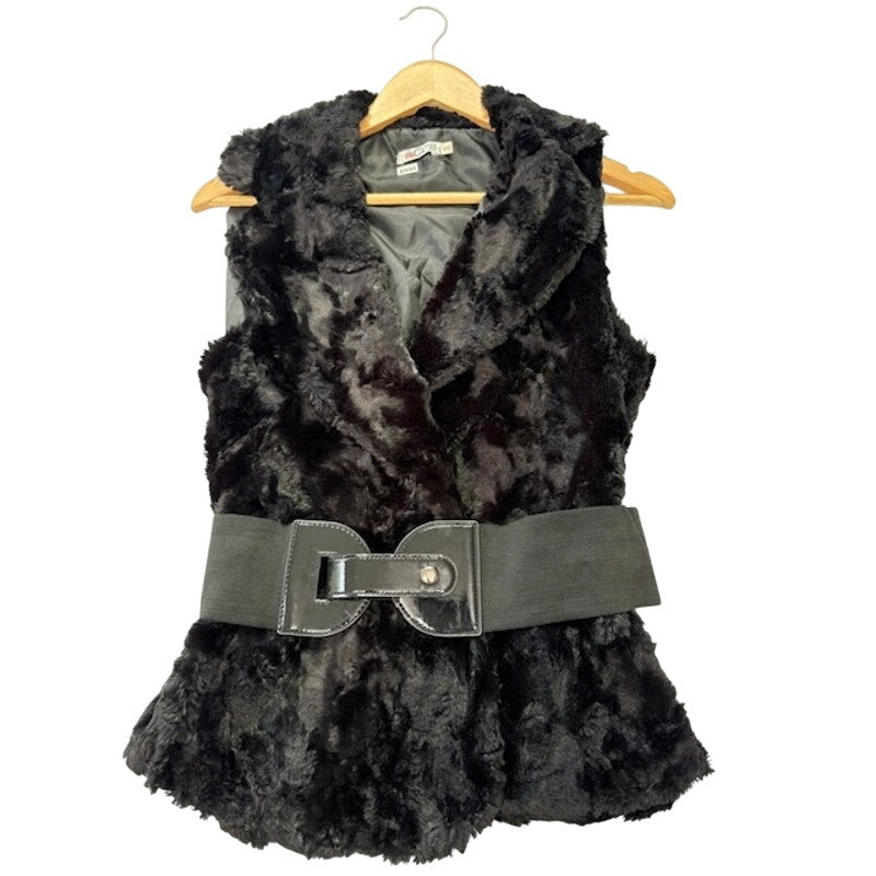 Wal G7 Faux Shaggy Fur Vest Belted Open Front Sleeveless Black Womens Size S