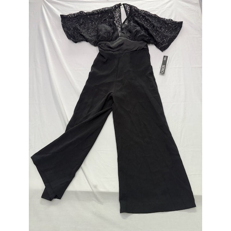XOXO Lace V-Neck Jumpsuit Short Sleeve Wide Leg Formal Black Womens Size XS