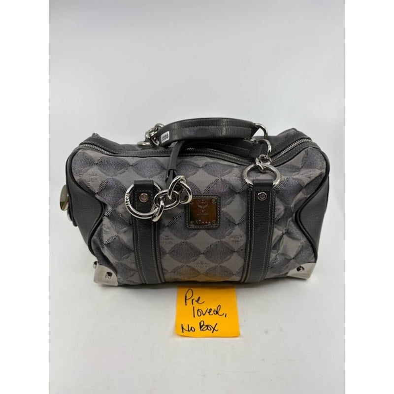 MCM Visetos Boston Bag Satchel Leather-Trimmed Hand Bag Chain Handle Grey Womens