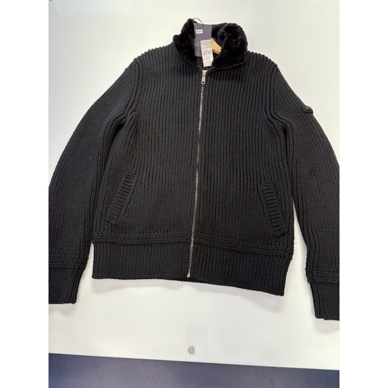 Prada Faux-Fur Collar Cardigan Knit Sweater Full-Zip Black Mens Size 56 EU