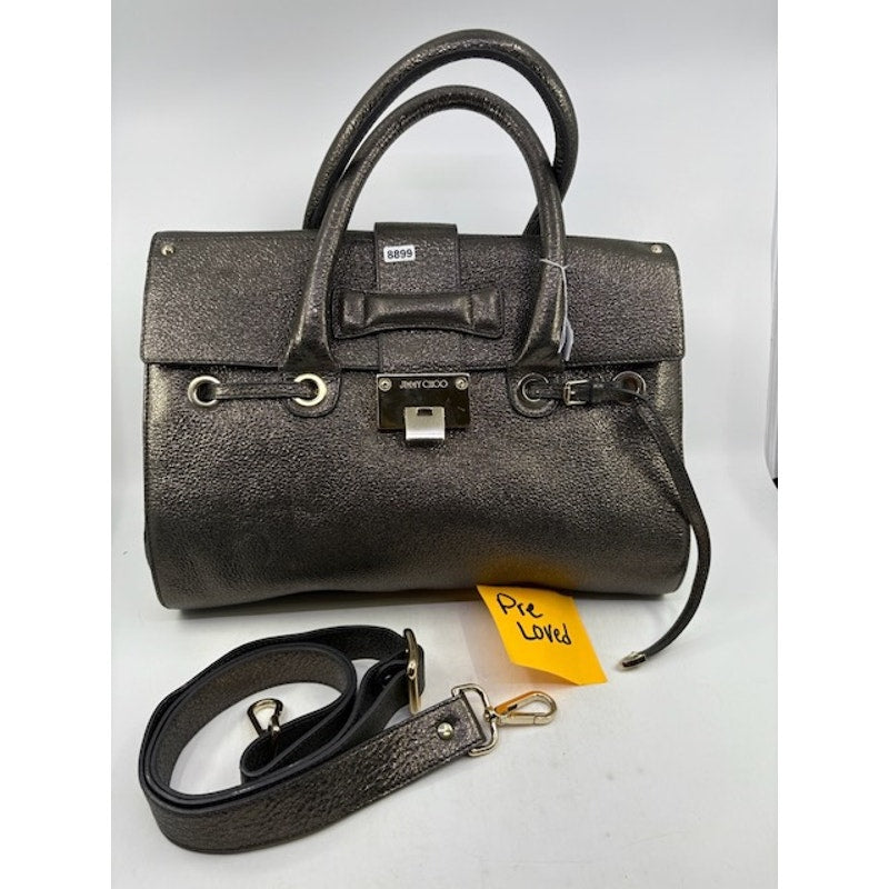 Jimmy Choo Grainy Leather Gunmetal Metallic Rosalie Satchel Bag Dark Brown