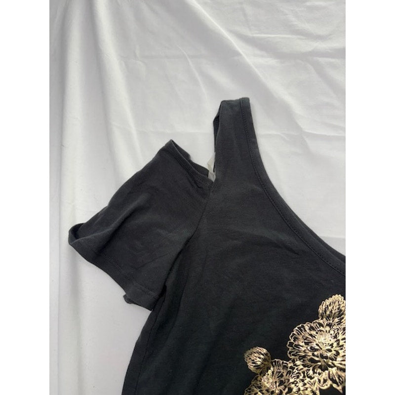 Self Esteem Cold Shoulder Top Gold Mandala Graphic V-Neck Black Womens Sz XS