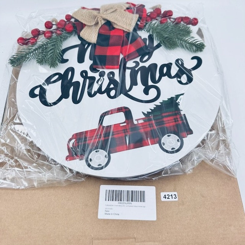 Red Truck Christmas Wreath Sign with Buffalo Plaid Bow Holiday Decoration