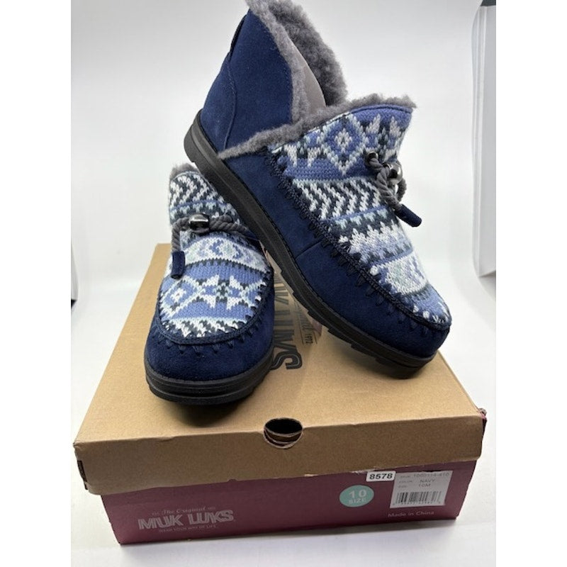 Muk Luks Ziggy Wilshire Winter Booties Slip-On Navy White Womens Size 10