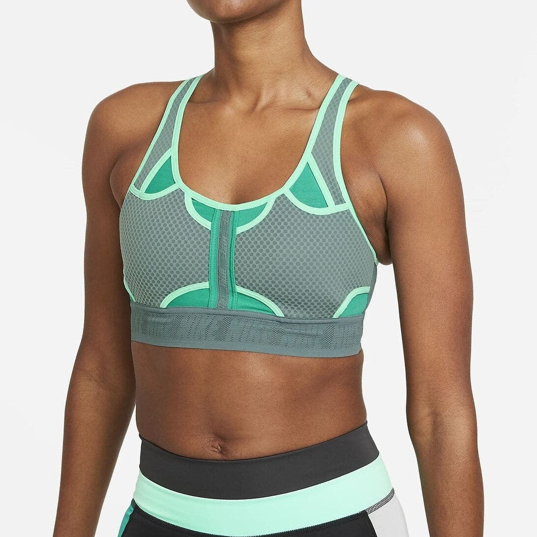 Nike Dri-FIT Swoosh UltraBreathe Sports Bra Scoop Neck Gray Green Womens Size XS