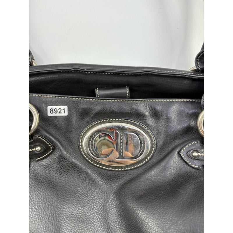 Christian Dior Leather Silver Hardware Handbag Snap Closure Black Womens Medium