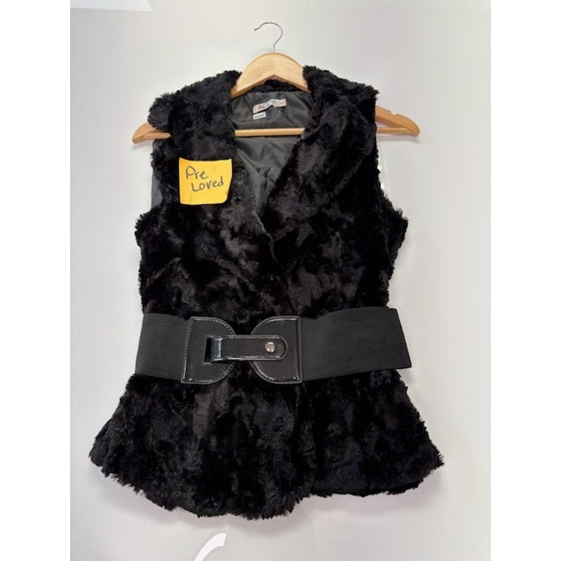 Wal G7 Faux Shaggy Fur Vest Belted Open Front Sleeveless Black Womens Size S
