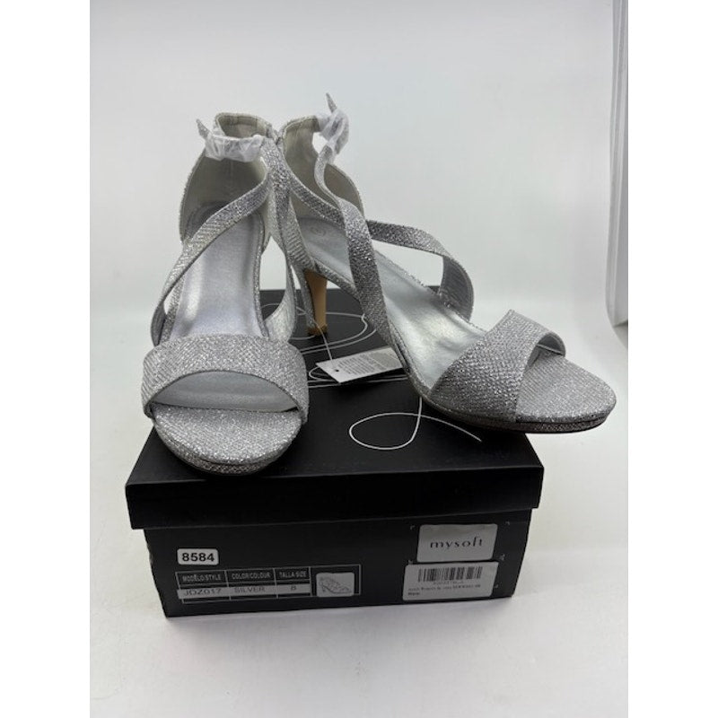 Mysoft Heels Sparkly Strappy Wedding Shoes Open Toe Pump Heel Silver Size 8