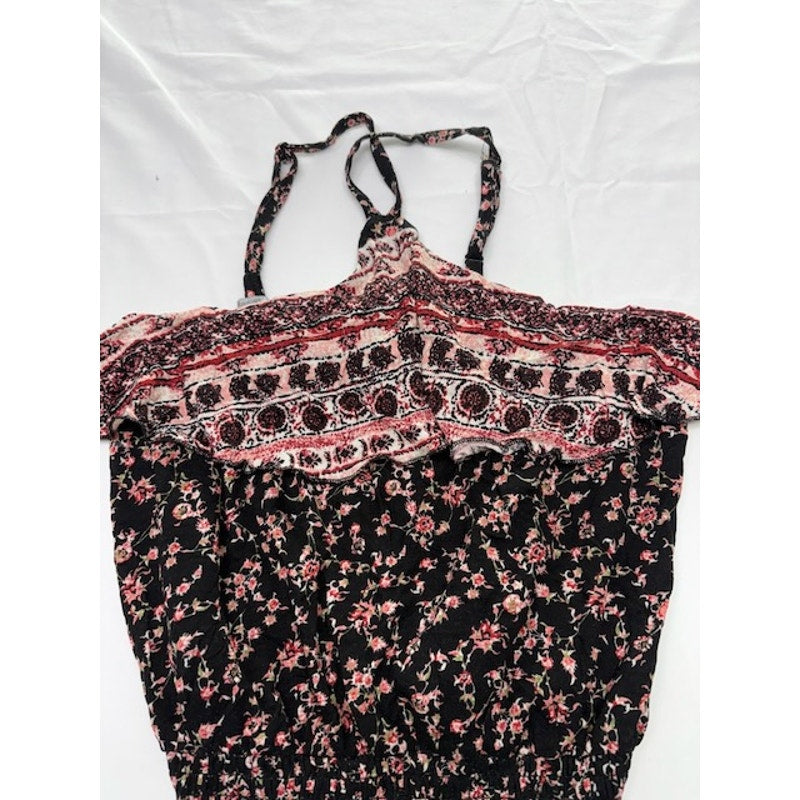 American Rag Cie Floral Cropped Top Smocked Halter Black/Multi Womens XS