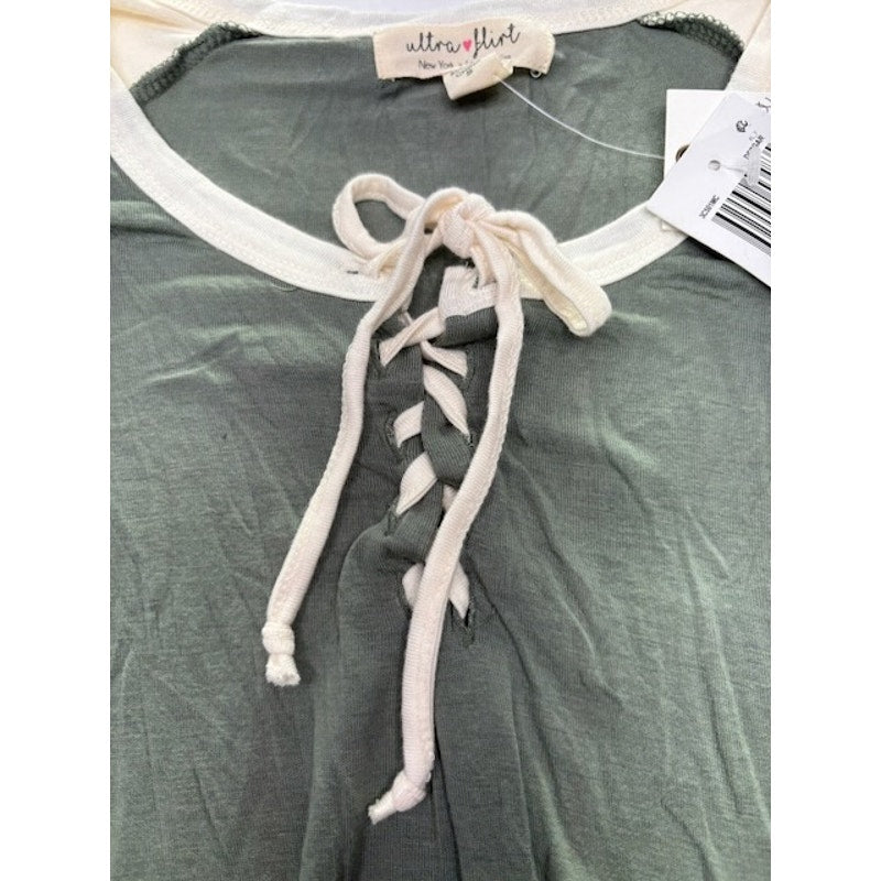 Ultra Flirt Lace-Up Front Tunic Top Short Sleeve Hi-Low Green Ivory Womens S