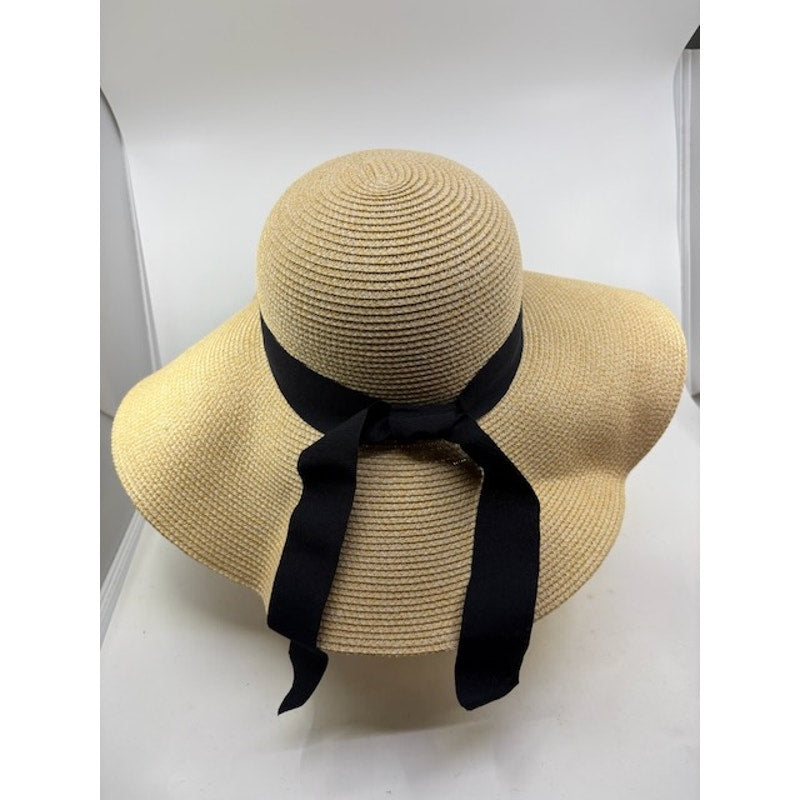 FURTALK Wide Brim Straw Sun Hat Adjustable Cap Beige Black Band Womens Sz M