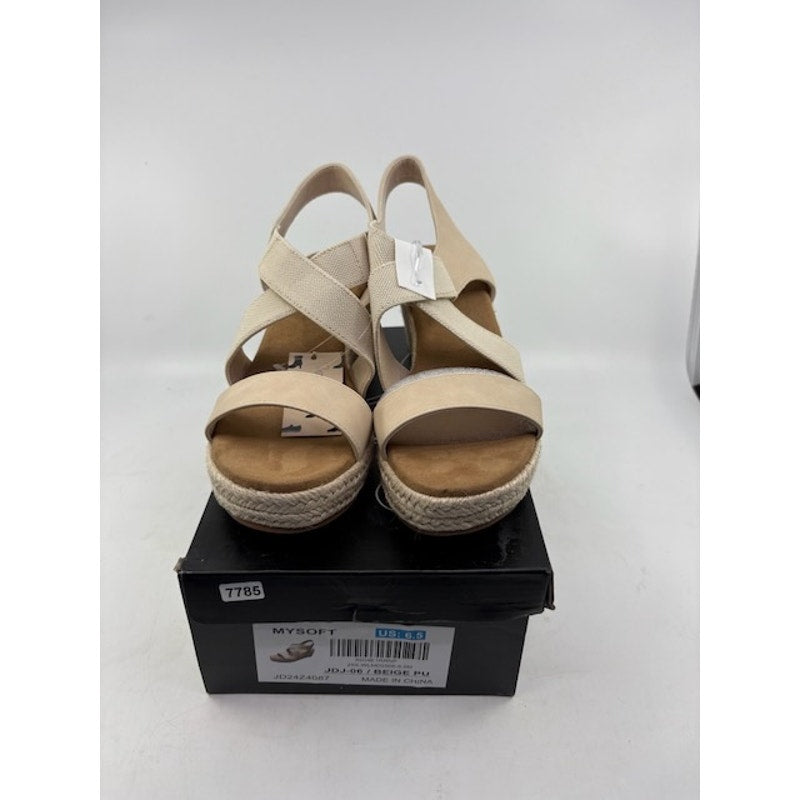 mysoft Platform Espadrille Wedge Sandals Elastic Strap Beige PU Womens 6.5