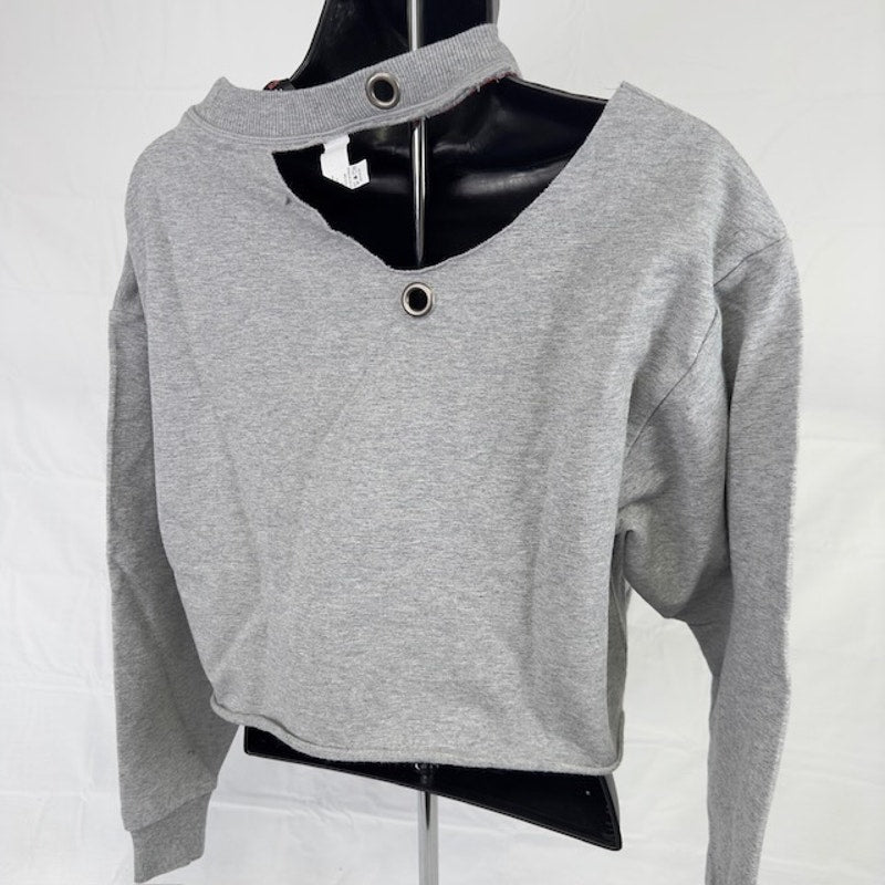 Kady Luxe Dog Collar Pullover Sweatshirt Raw Hem Crop Heather Gray Womens XS