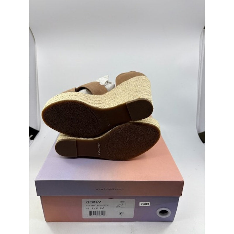 Lisa Vicky Gemi Platform Espadrille Wedge Sandal Suede Cognac Womens Sz 6.5