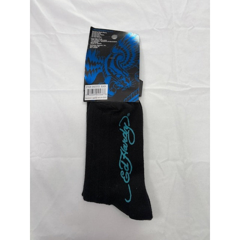 Ed Hardy Crew Socks Skull Tattoo Cotton Blend Black Teal Adult Size 10–13