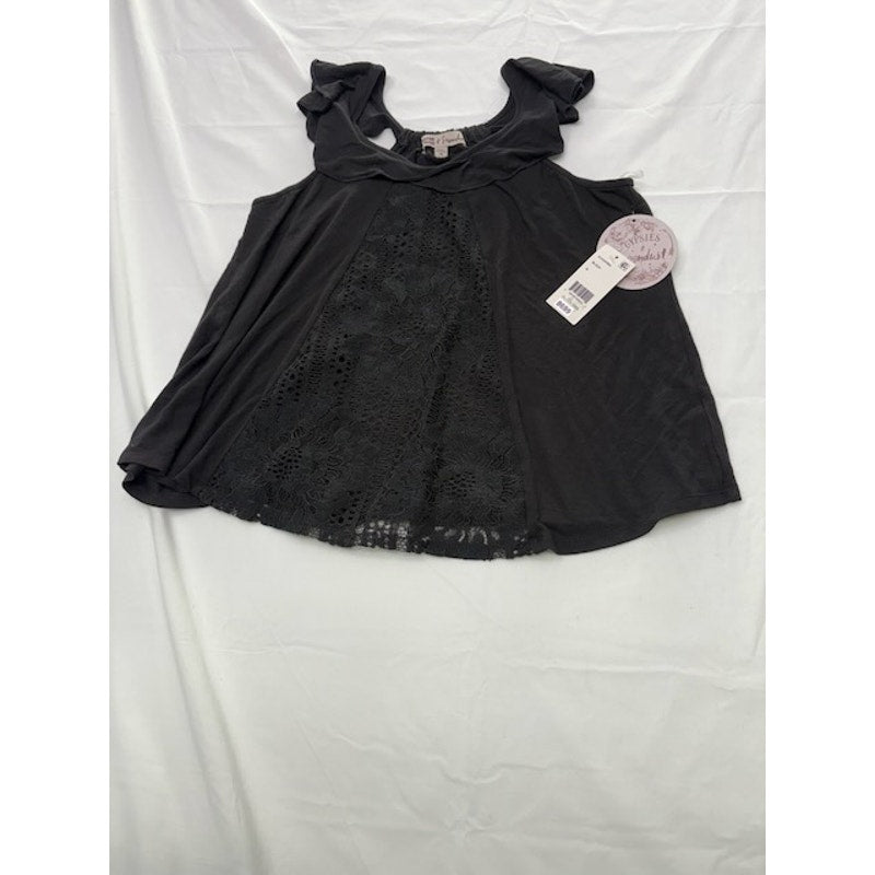 Gypsies & Moondust Floral Lace-Front Ruffle Top Sleeveless Black Womens M