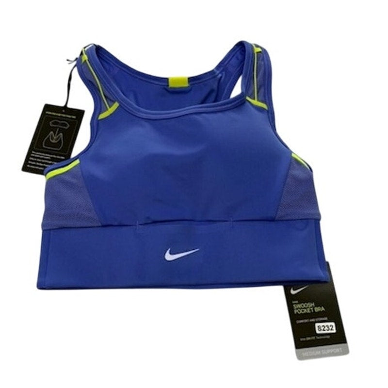 Nike Dri-Fit Swoosh Pocket Sports Bra Medium-Support Padded Blue Womens XS