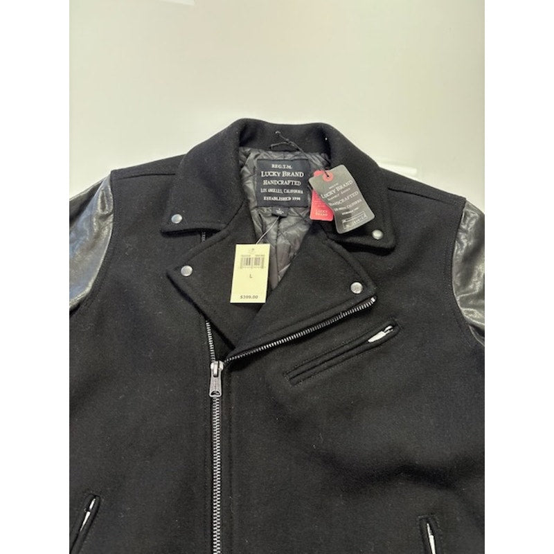 Lucky Brand Moto Jacket Leather Wool Quilted Lined Zip-Up Black Mens Size L
