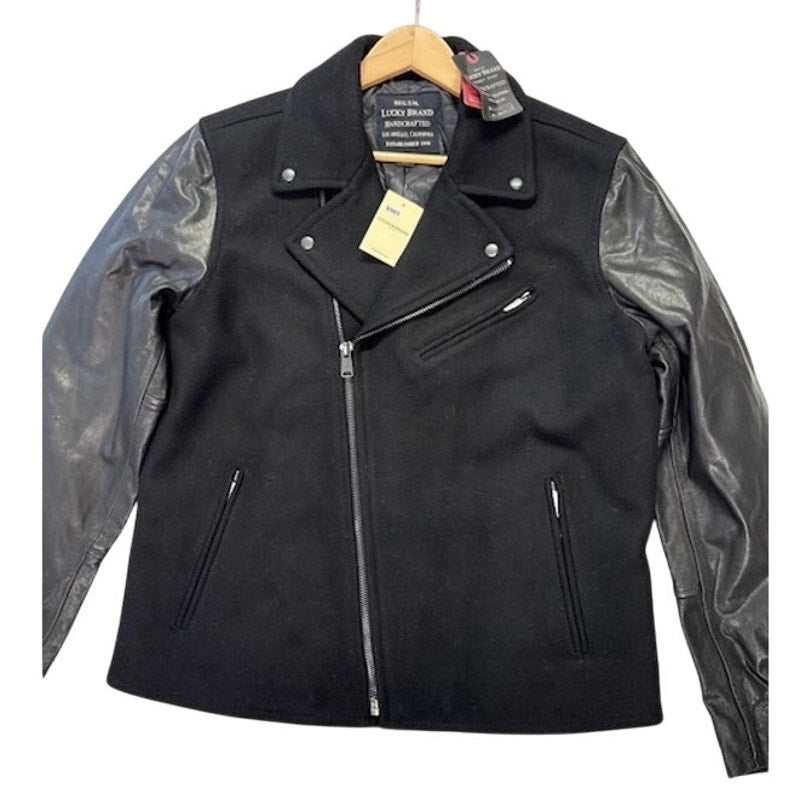 Lucky Brand Moto Jacket Leather Wool Quilted Lined Zip-Up Black Mens Size L