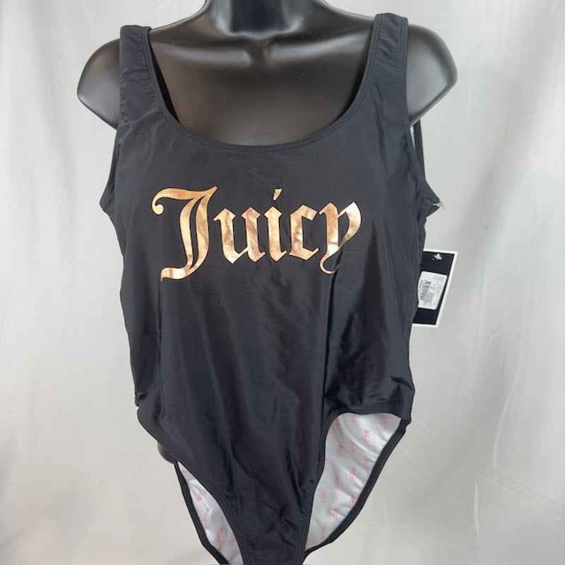 Juicy Couture One Piece Swimsuit Foil Verbiage Logo Scoop Neck Black Women M