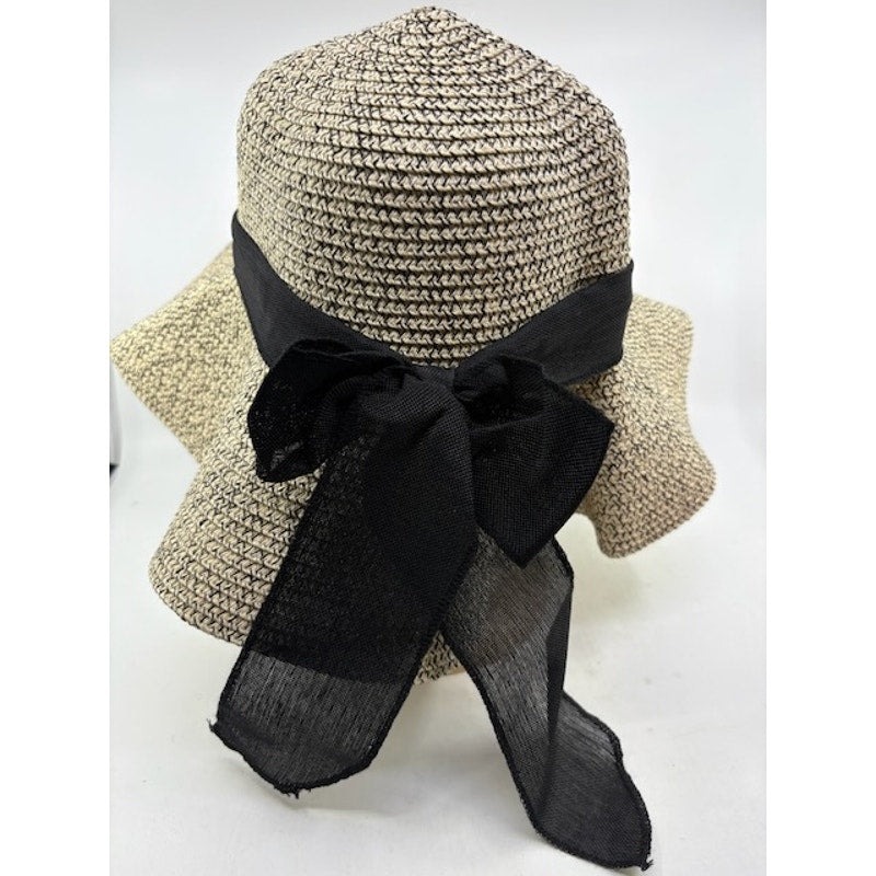 BC25 Straw Wide Brim Sun Hat Ribbon Floppy Summer Cap Beige Black Womens OS