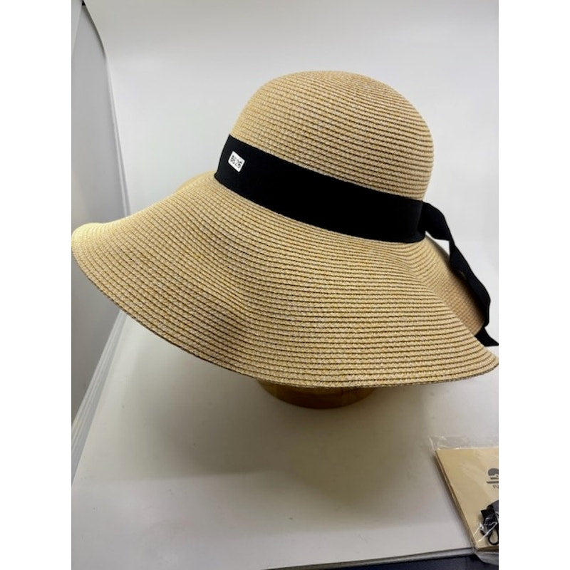 FURTALK Wide Brim Straw Sun Hat Adjustable Cap Beige Black Band Womens Sz M