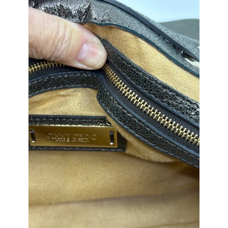 Jimmy Choo Grainy Leather Gunmetal Metallic Rosalie Satchel Bag Dark Brown
