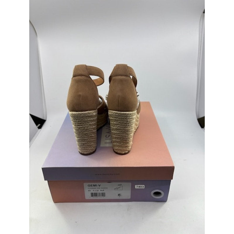 Lisa Vicky Gemi Platform Espadrille Wedge Sandal Suede Cognac Womens Sz 6.5