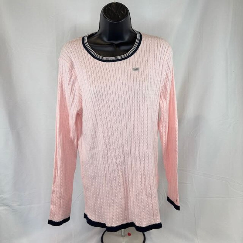 Tommy Hilfiger Cable-Knit Sweater Contrast-Trim Light Pink Black Womens Size XL
