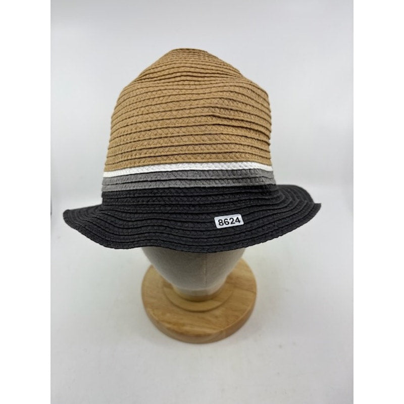 Perry Ellis Portfolio Straw Bucket Hat Summer Sun Cap Tan Black Stripe L/XL