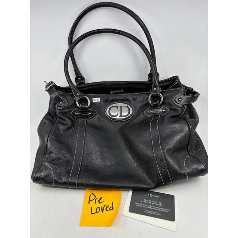 Christian Dior Leather Silver Hardware Handbag Snap Closure Black Womens Medium