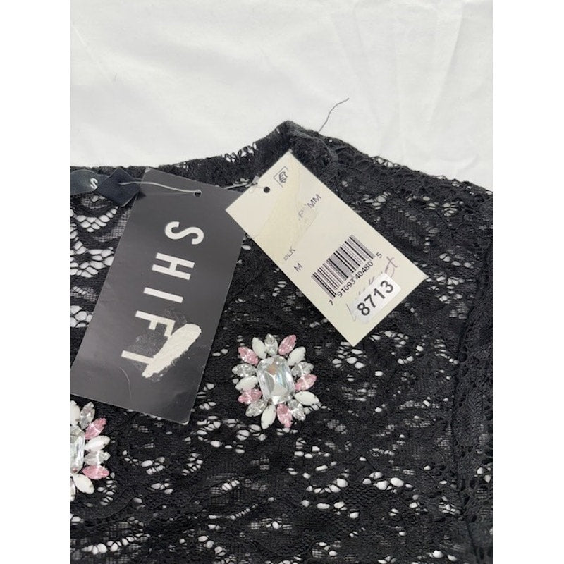 NWT Shift Embellished Floral Gem Lace Top Short Sleeve Black Womens Size Medium