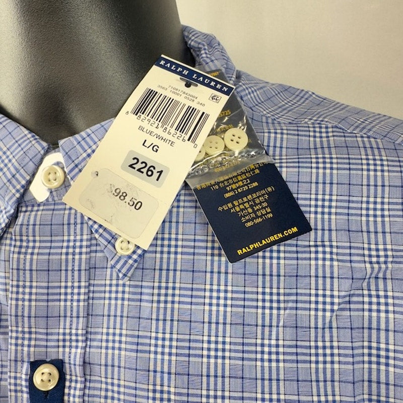 Ralph Lauren Button Down Shirt Long Sleeve Stretch Plaid Blue White Mens Size L