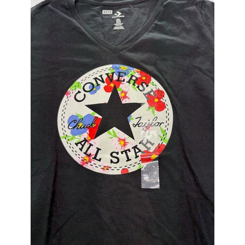 Converse V-Neck T-Shirt Floral-Printed Chuck Taylor Logo Black Womens Size S